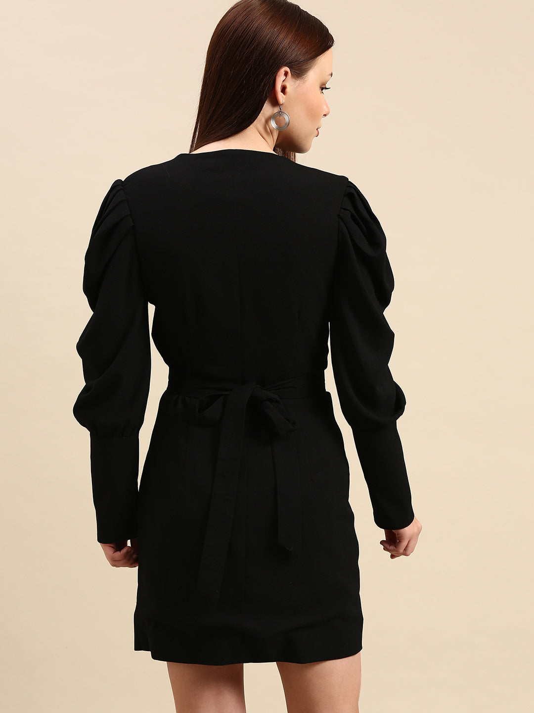 Black Puff Sleeve Wrap Dress for Women - V-Neck, Short Party Dress