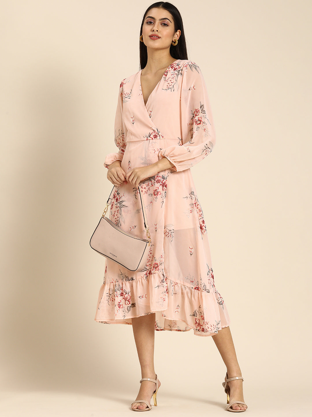 Elegant Peach Floral Midi Dress with Ruffle Hem & Puff Sleeves Romantic Daywear