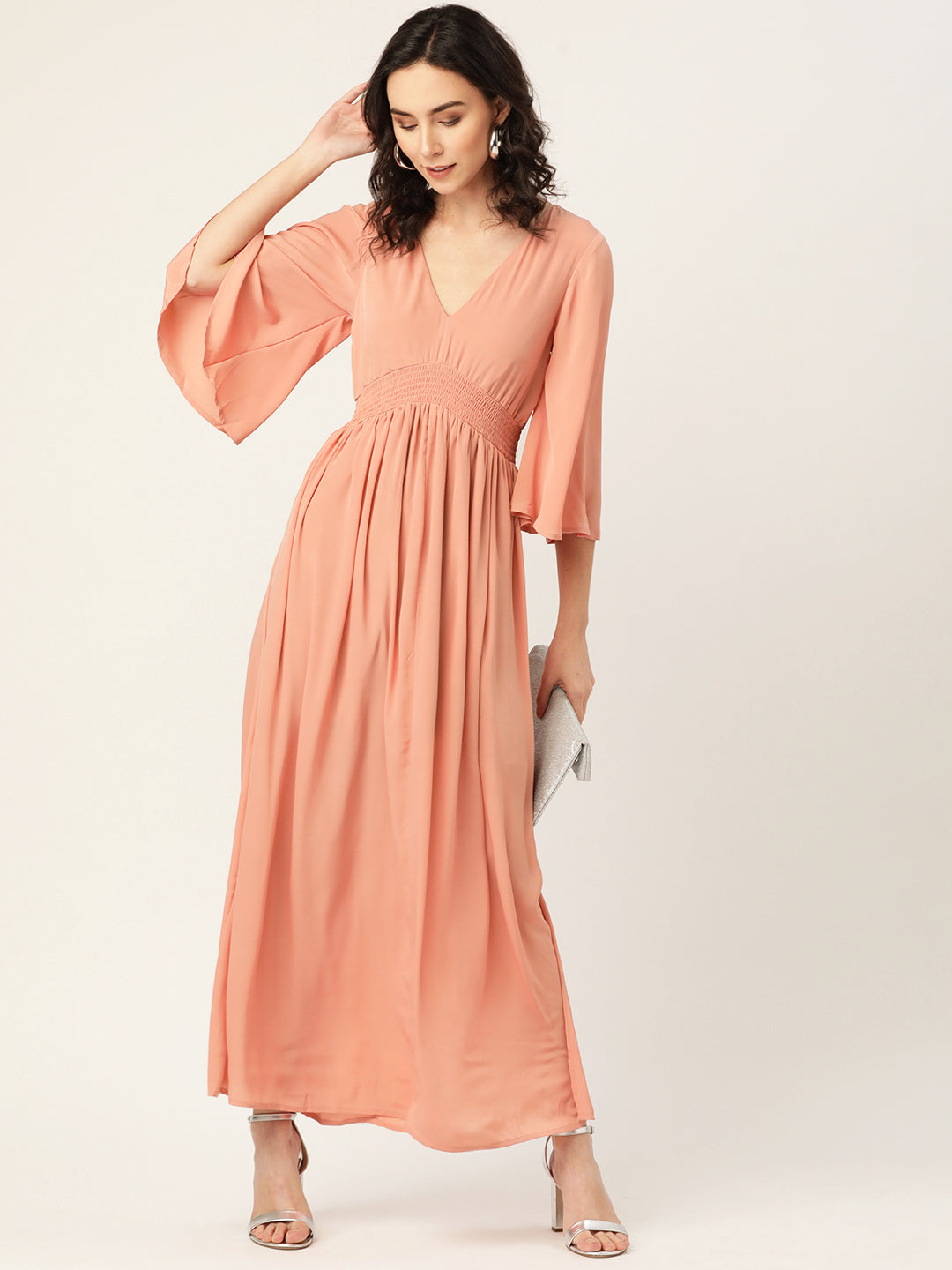 Peach V-Neck Maxi Dress with Flowy Sleeves for Women