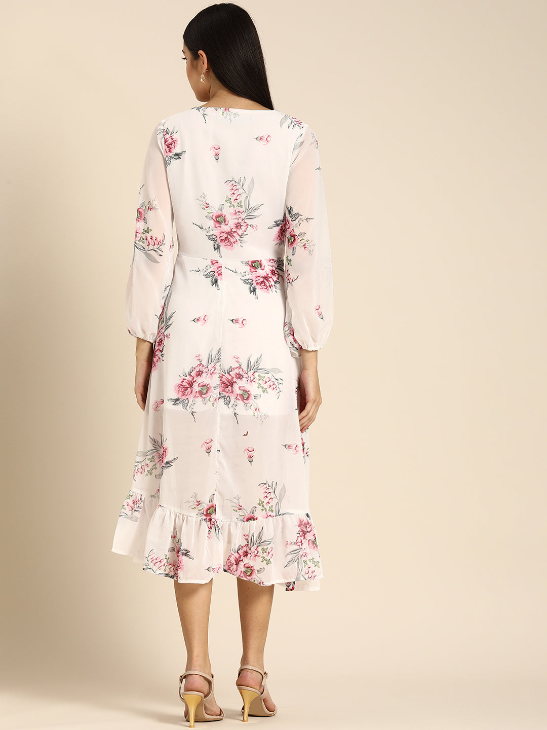 Chic White Floral Midi Dress with Puffy Sleeves & Ruffle Hem Elegant Summer Look