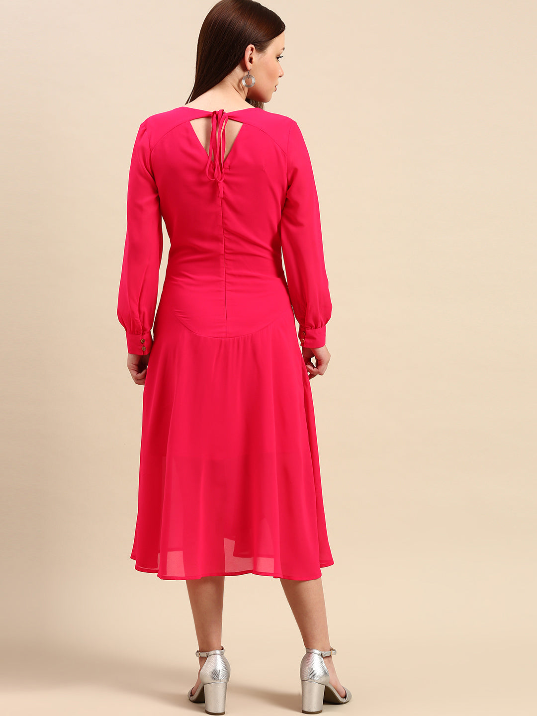 Pink Wrap Midi Dress - Long Sleeve, V-Neck, Button Detail