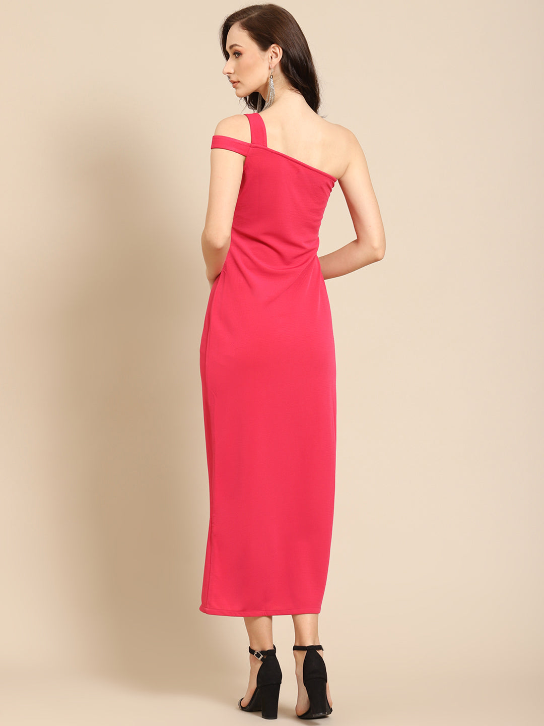 Stylish Pink Bodycon Midi Dress with Shoulder Straps – Elegant Evening & Party Wear