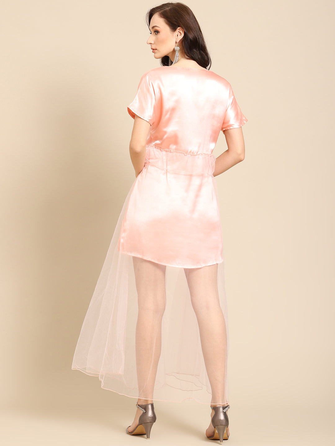 Women’s Peach Satin Short Dress with Sheer Net Overlay
