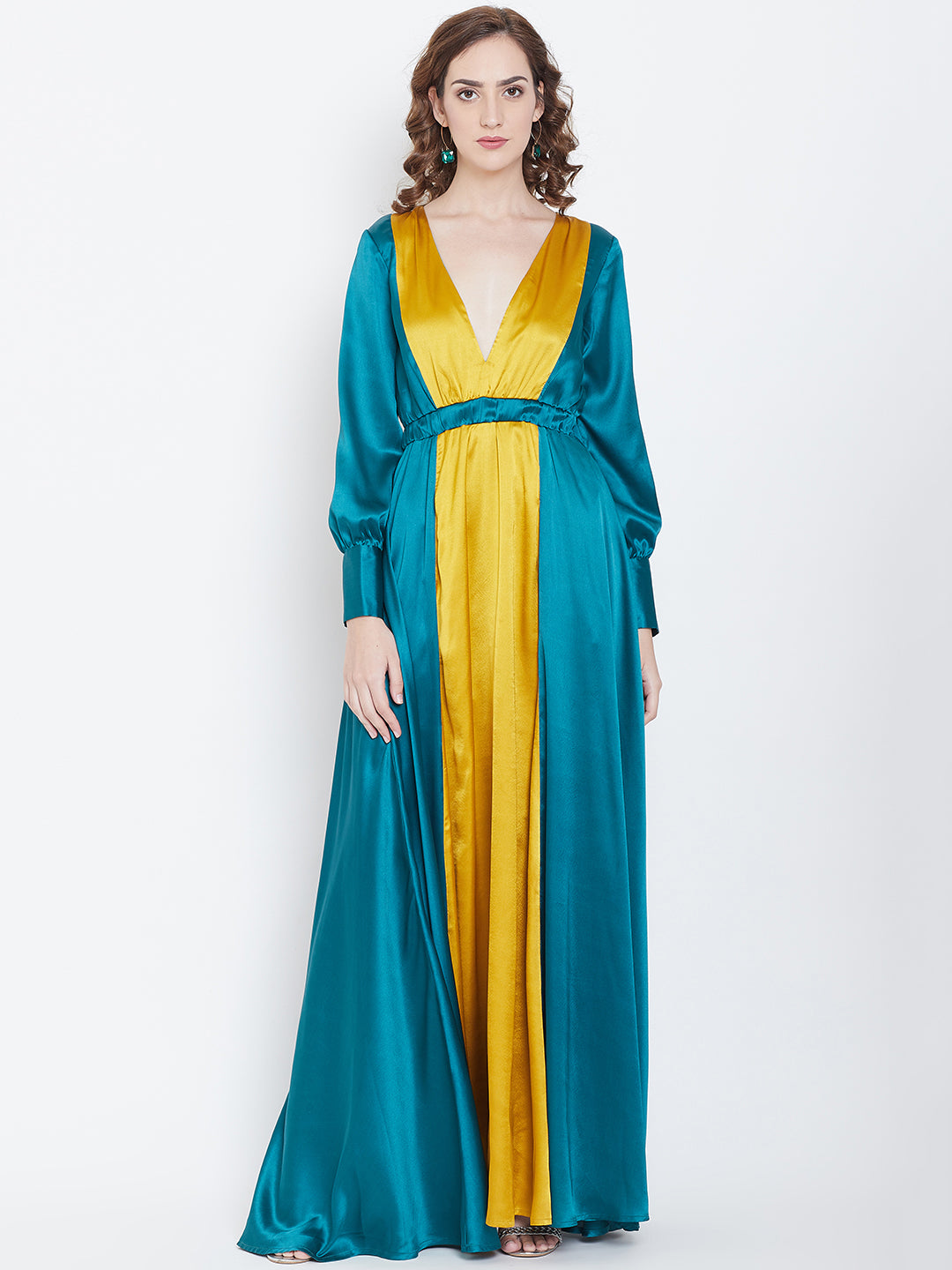 Teal and Mustard Satin Colorblock Maxi Dress with Deep V-Neck