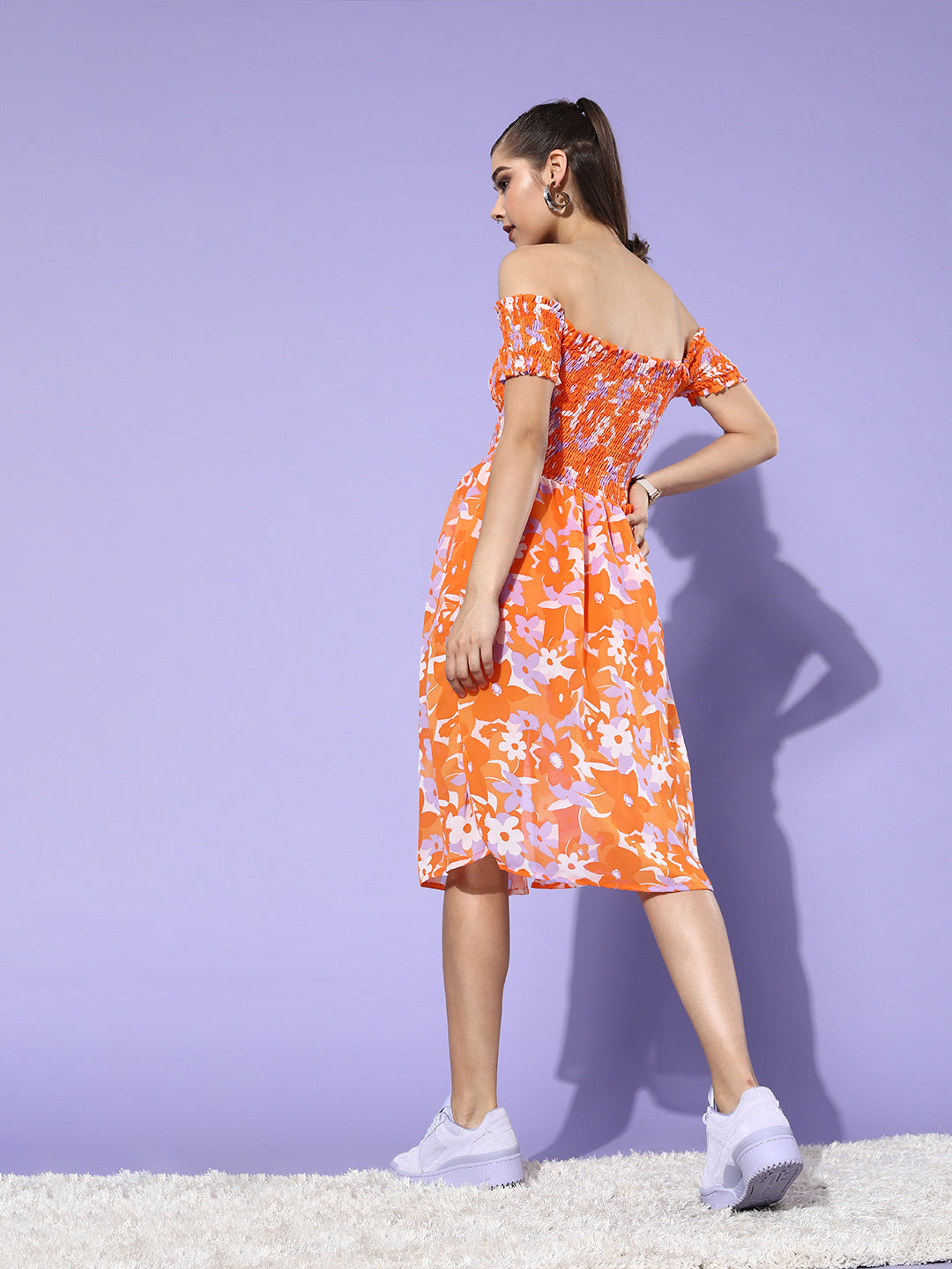 Orange Floral Smocked Off-Shoulder Dress Summer Ready Fit & Flare