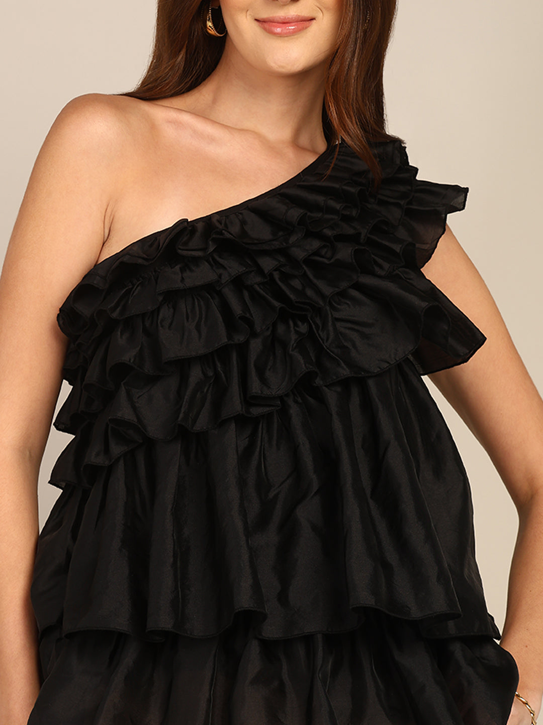 Black One Shoulder Ruffle Layered Party Top for Women