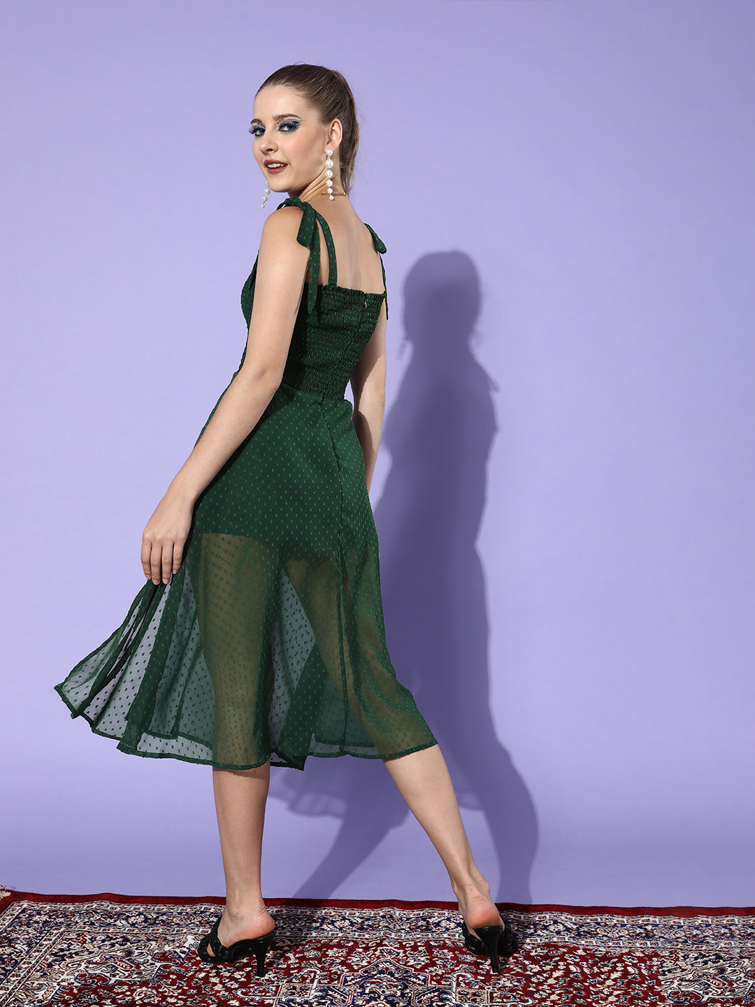 Green Smocked Midi Dress with Tie-Up Straps & Sheer Polka Dot Overlay