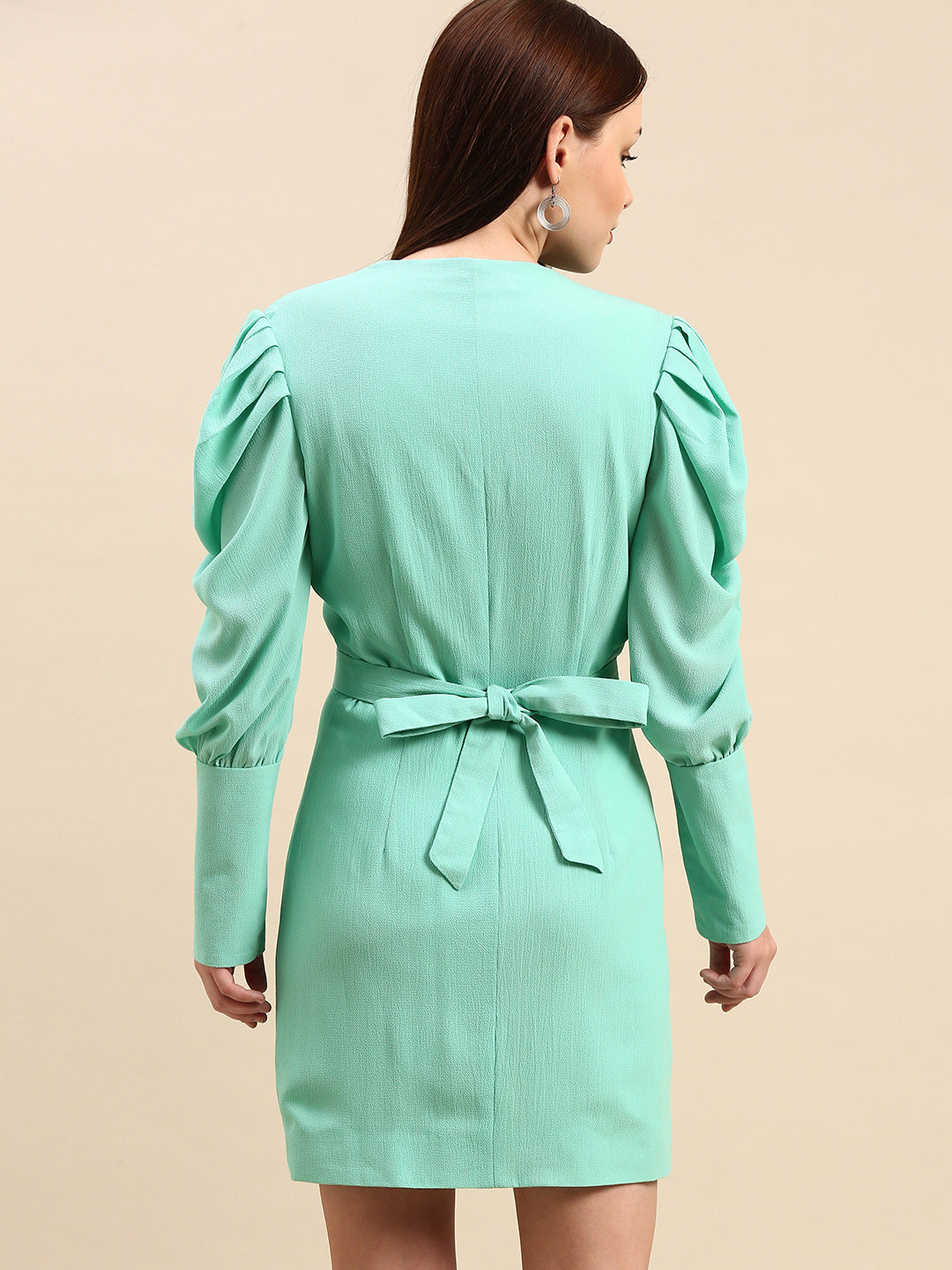Mint Green Puff Sleeve Wrap Dress for Women - V-Neck, Short Casual Dress