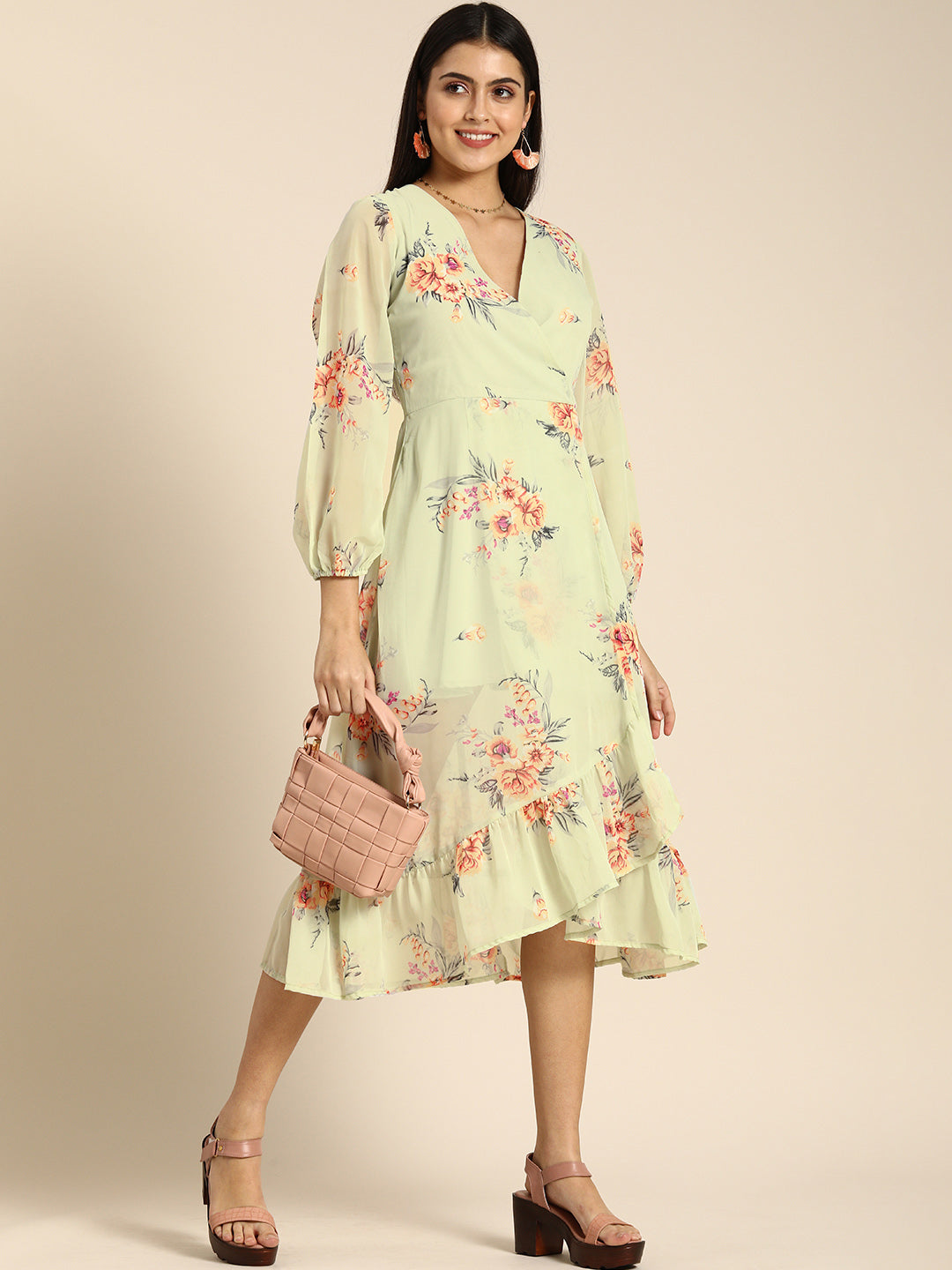 Pastel Green Floral Wrap Midi Dress with Ruffle Hem Puff Sleeves