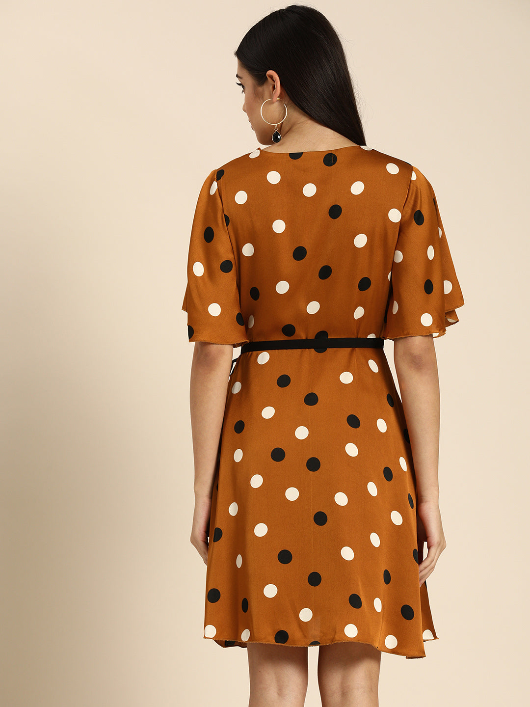 Brown Polka Dot Wrap Mini Dress with Flared Sleeves & Tie Waist Retro Chic Look
