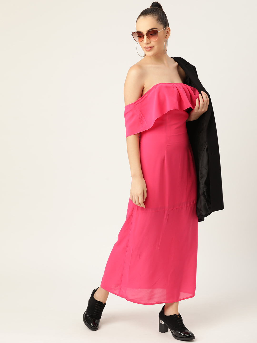 Women Pink Off Shoulder Ruffle Maxi Dress