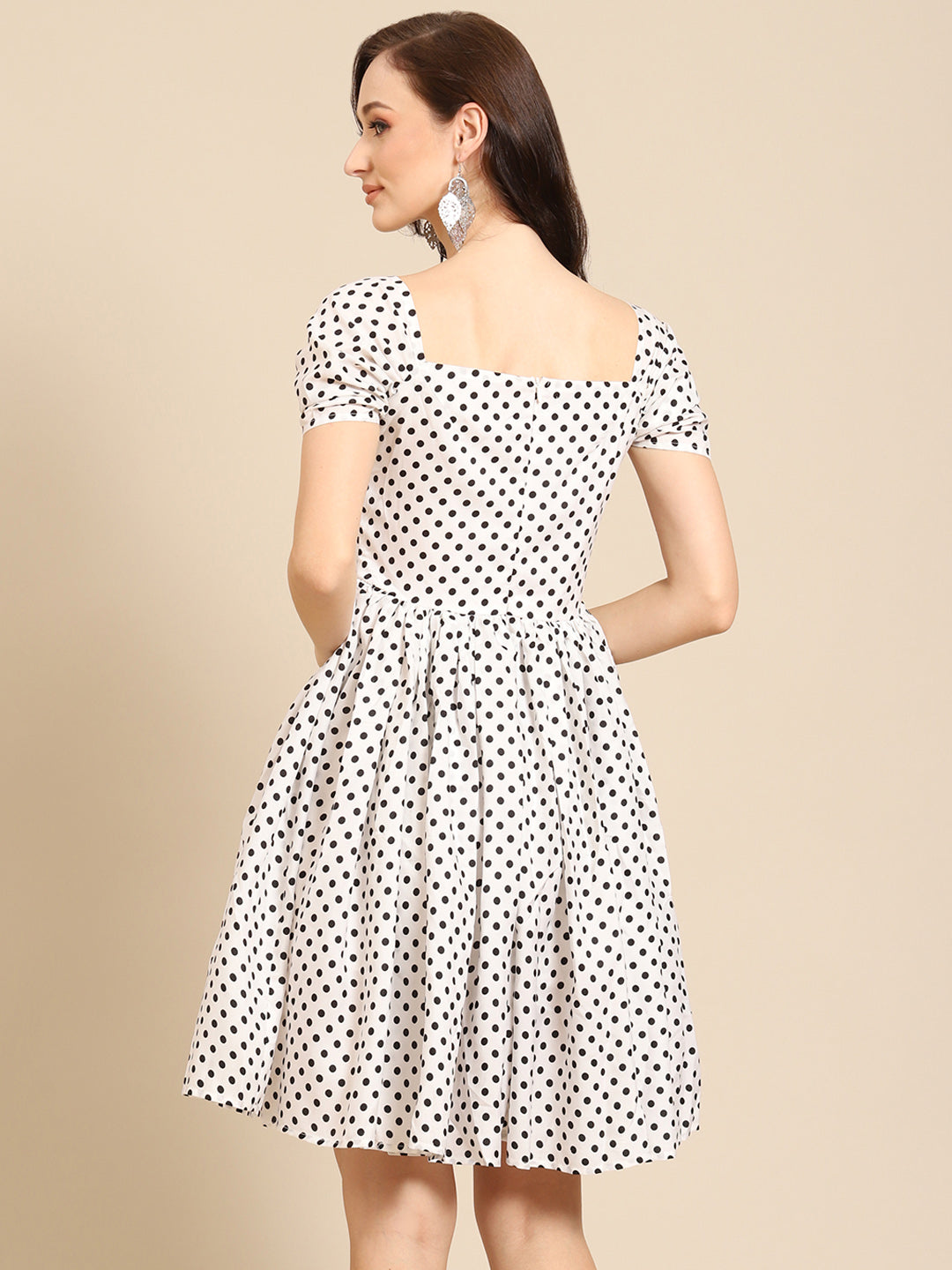 Vintage-Inspired Polka Dot Fit & Flare Dress for Women | Puff Sleeve Square Neck Dress