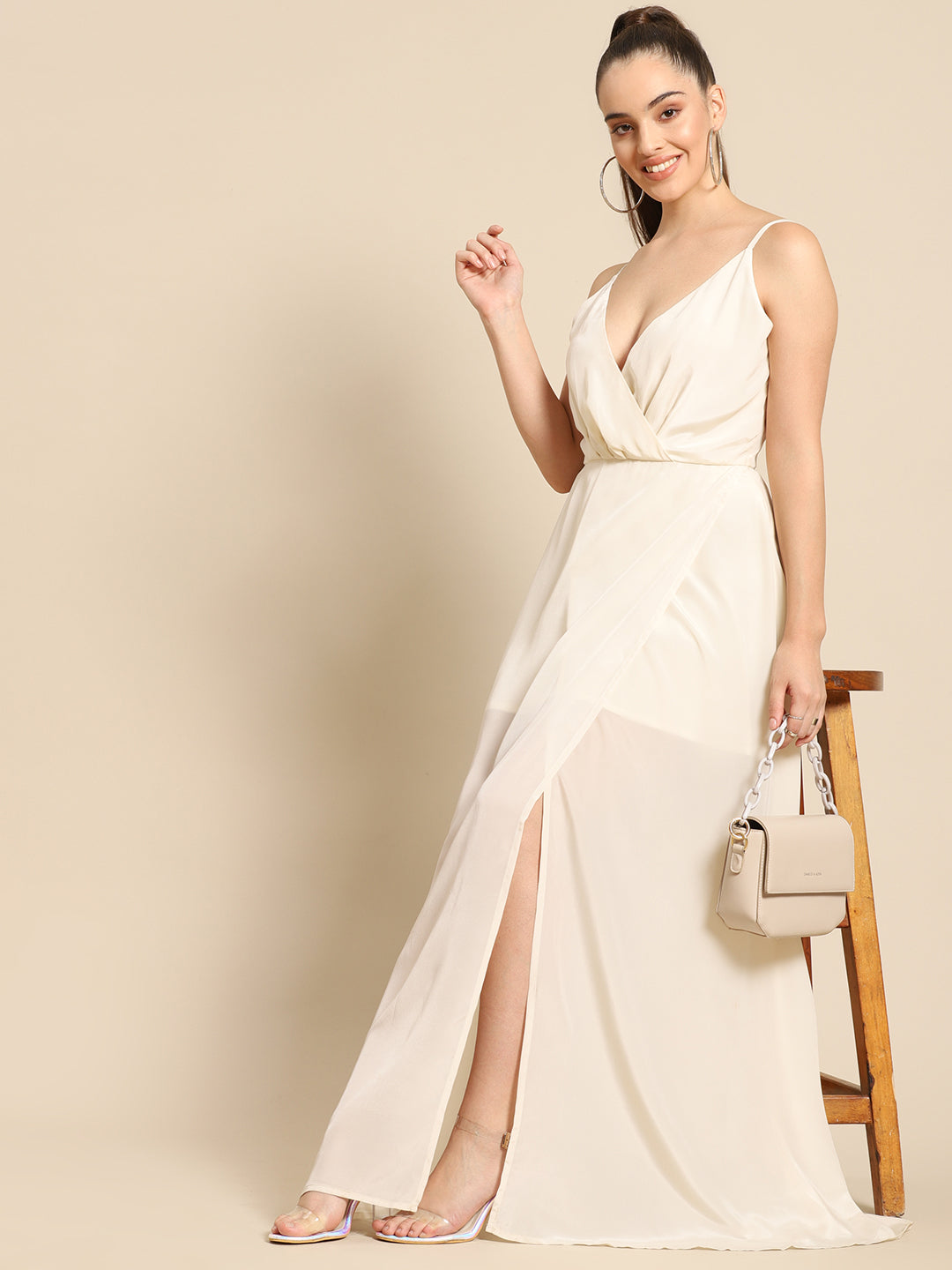 Ivory White Spaghetti Strap Maxi Dress for Women – Flowy V-Neck Gown for Parties & Weddings