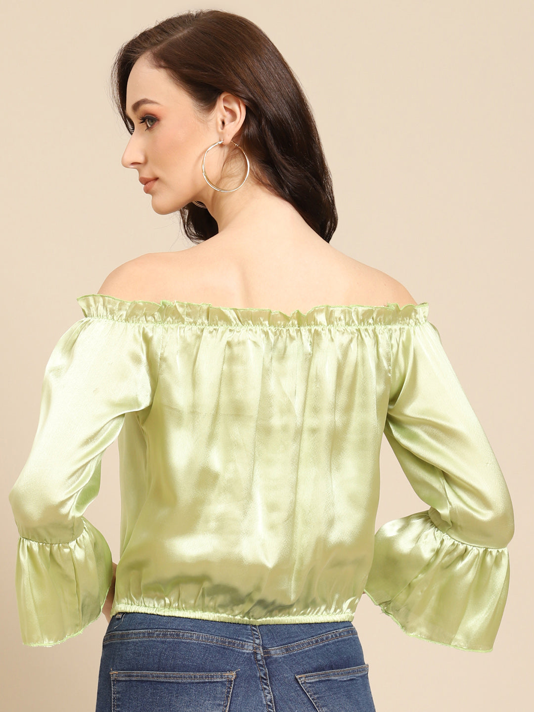 Light Green Off Shoulder Satin Top for Women | Flared Sleeve Stylish Blouse