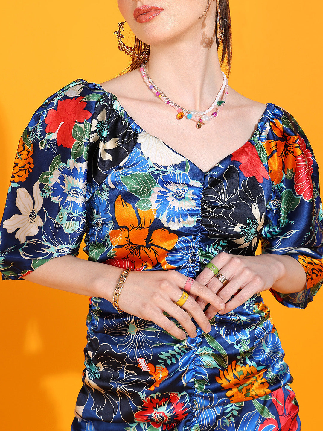 Women's Ruched Floral Bodycon Dress with Puff Sleeves in Multicolor Satin Finish