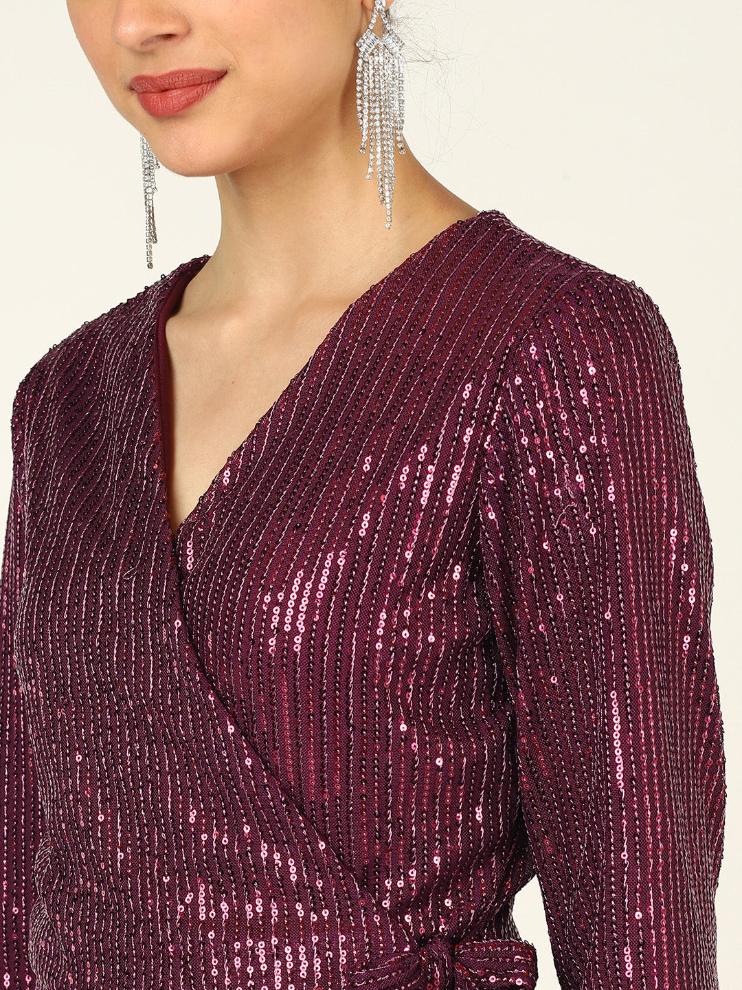 Maroon Sequin Bodycon Mini Dress for Women – Long Sleeve Party Wear Dress