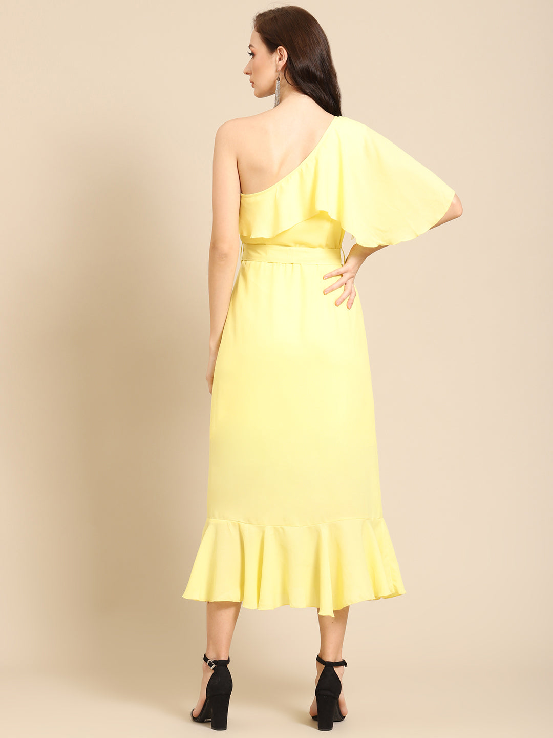 Elegant Yellow One Shoulder Ruffle Midi Dress for Women