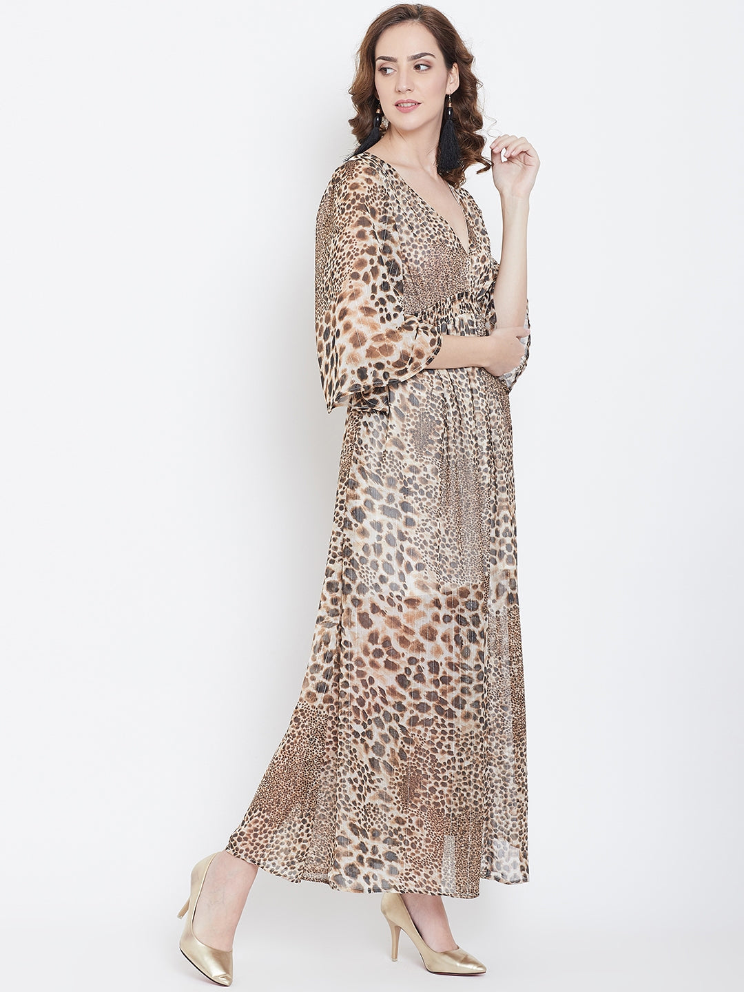 Animal Print Flowy Maxi Dress with Deep Neck and Bell Sleeves