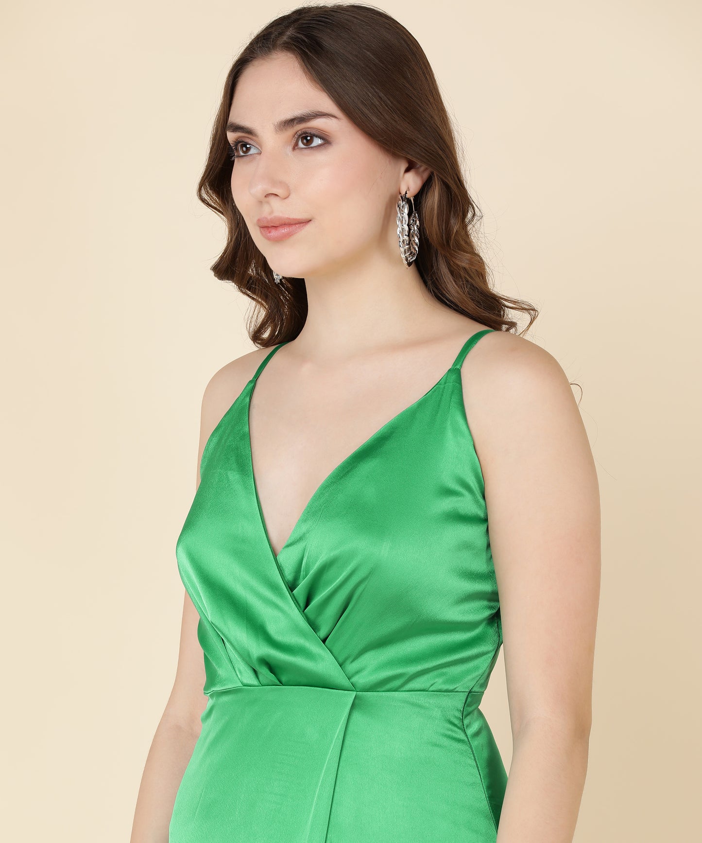 Glam Green Satin Wrap Gown Dress for Evening Party