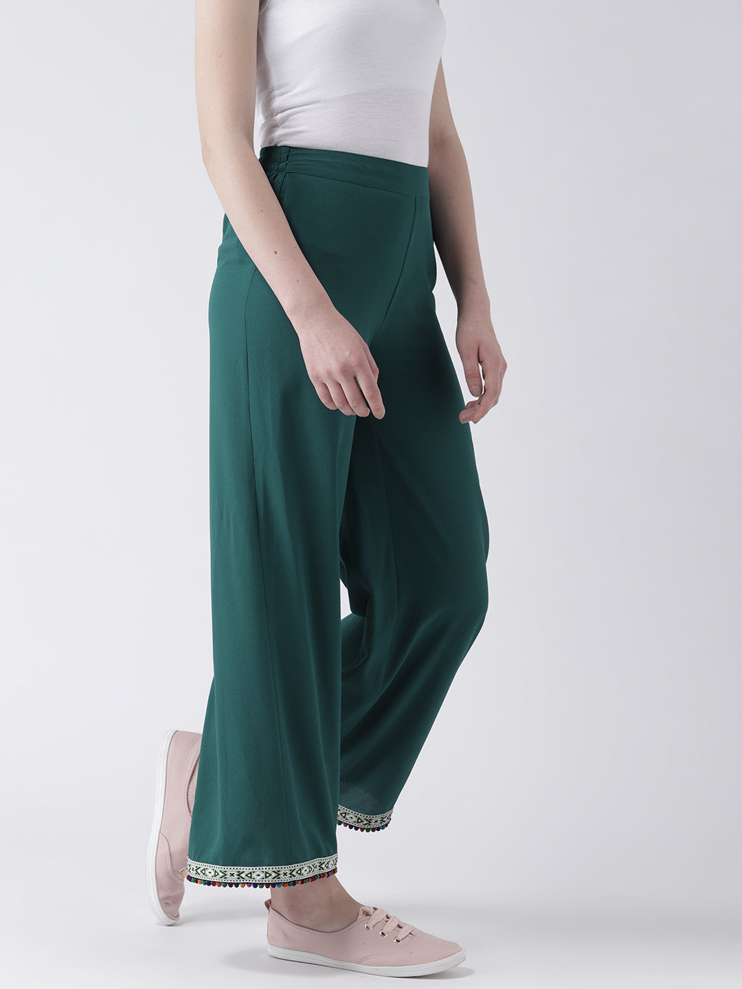 Women's Green Wide-Leg Pants with Embroidered Hem – Casual Ethnic Trousers