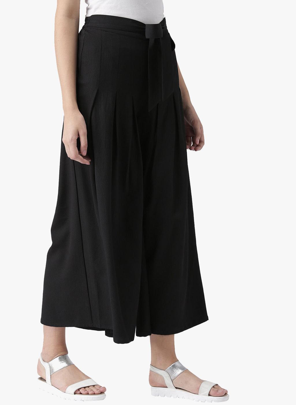 Black High Waist Pleated Tie-Up Trousers for Women