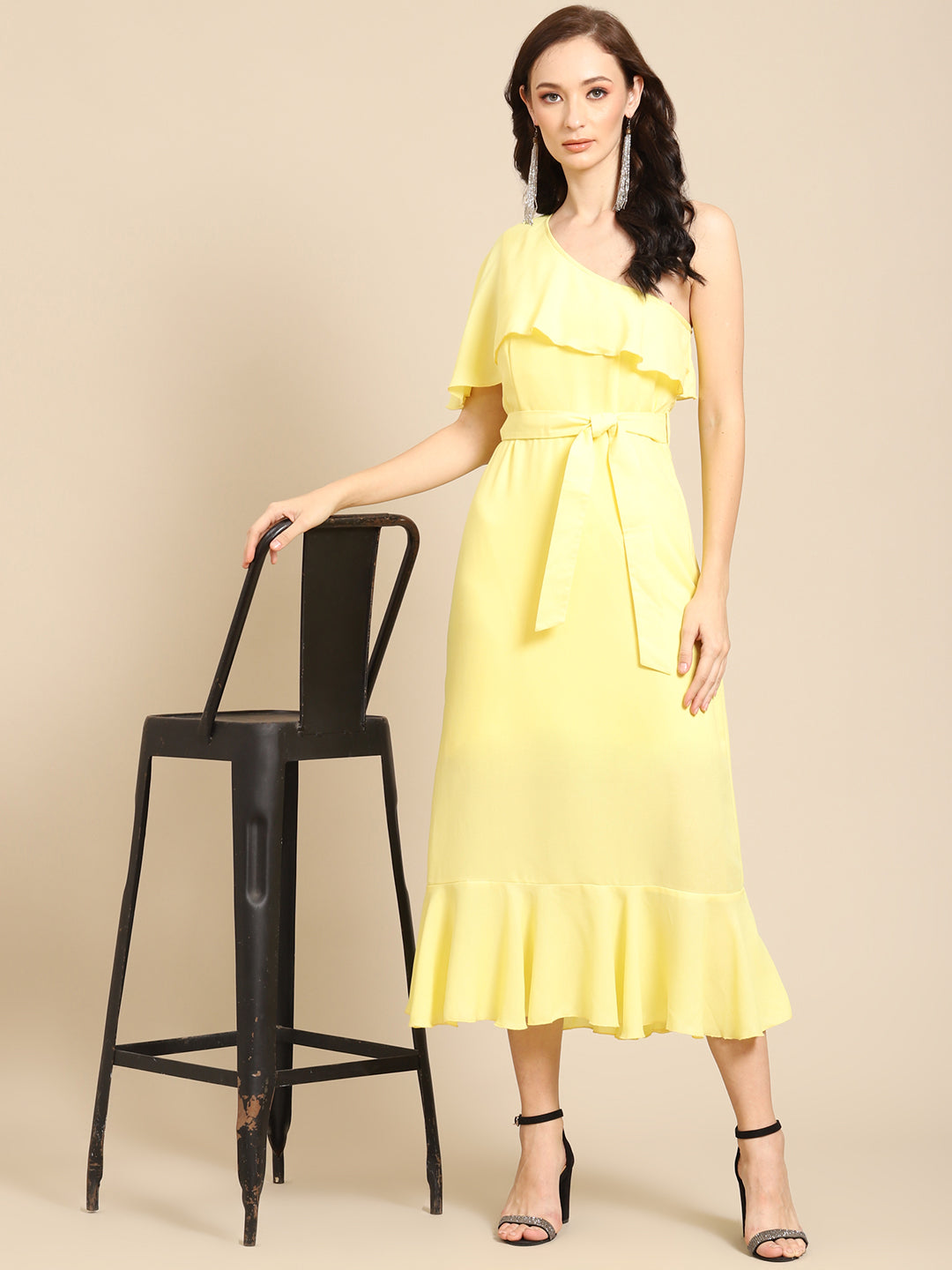 Elegant Yellow One Shoulder Ruffle Midi Dress for Women