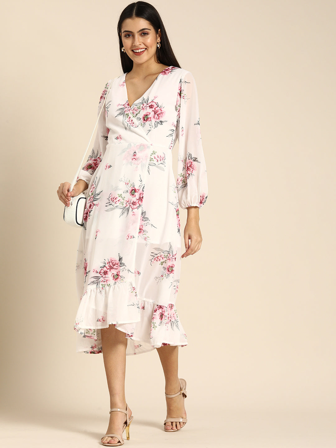 Chic White Floral Midi Dress with Puffy Sleeves & Ruffle Hem Elegant Summer Look