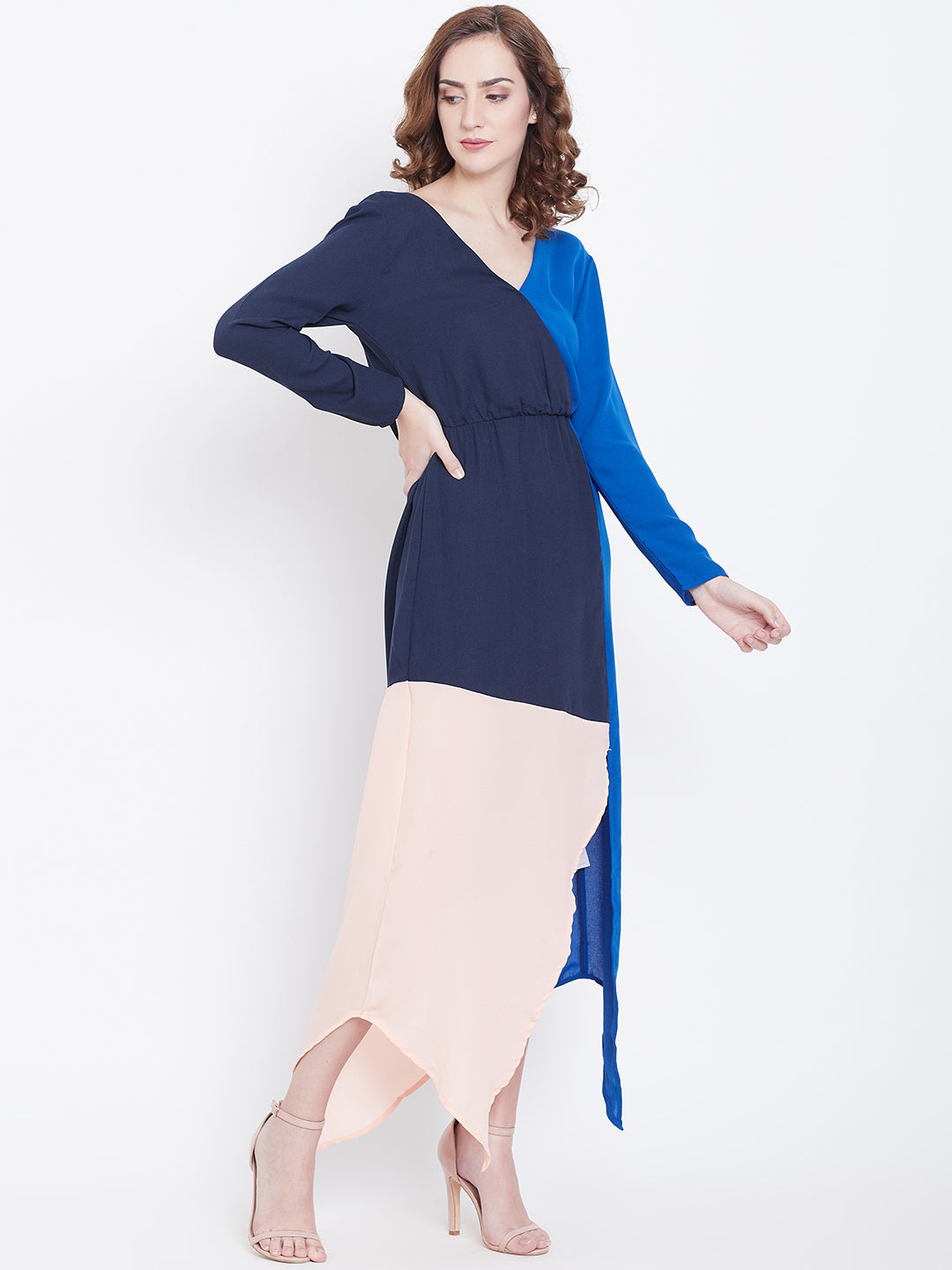 Colorblock Asymmetric Hem Maxi Dress with One Shoulder Detail