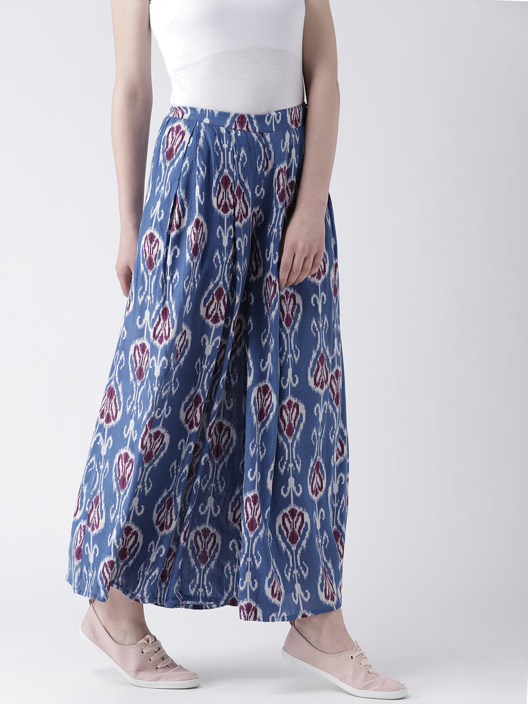 Women's Indigo Blue Ikat Printed Wide-Leg Trousers – Casual Ethnic Cotton Pants