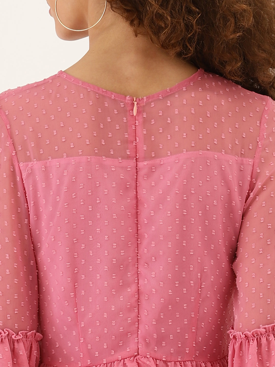 Pink Sheer Polka Dot Midi Dress for Women β Flared Sleeves & Layered Mesh Design