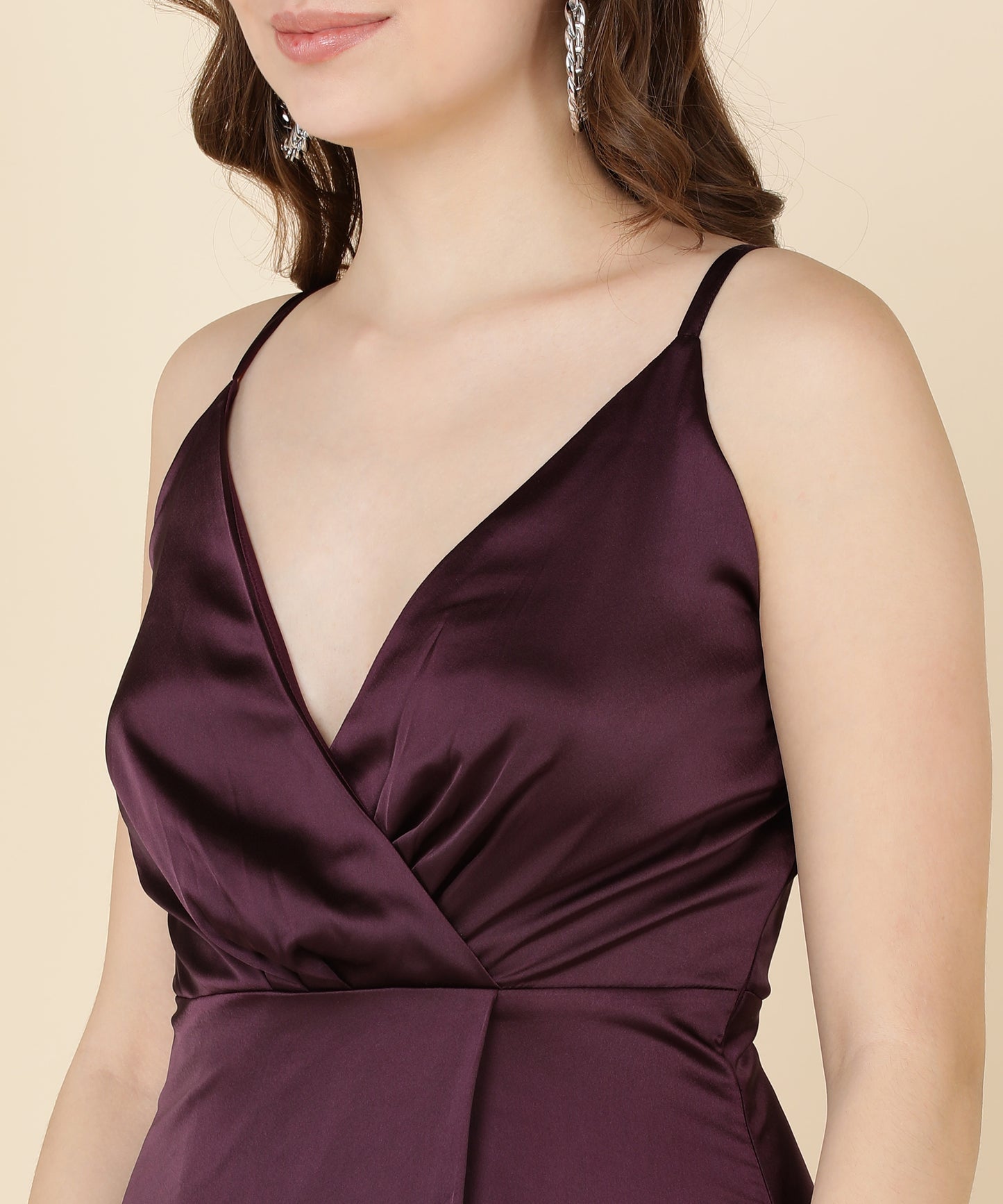 Glam Maroon Satin Wrap Gown Dress for Evening Party
