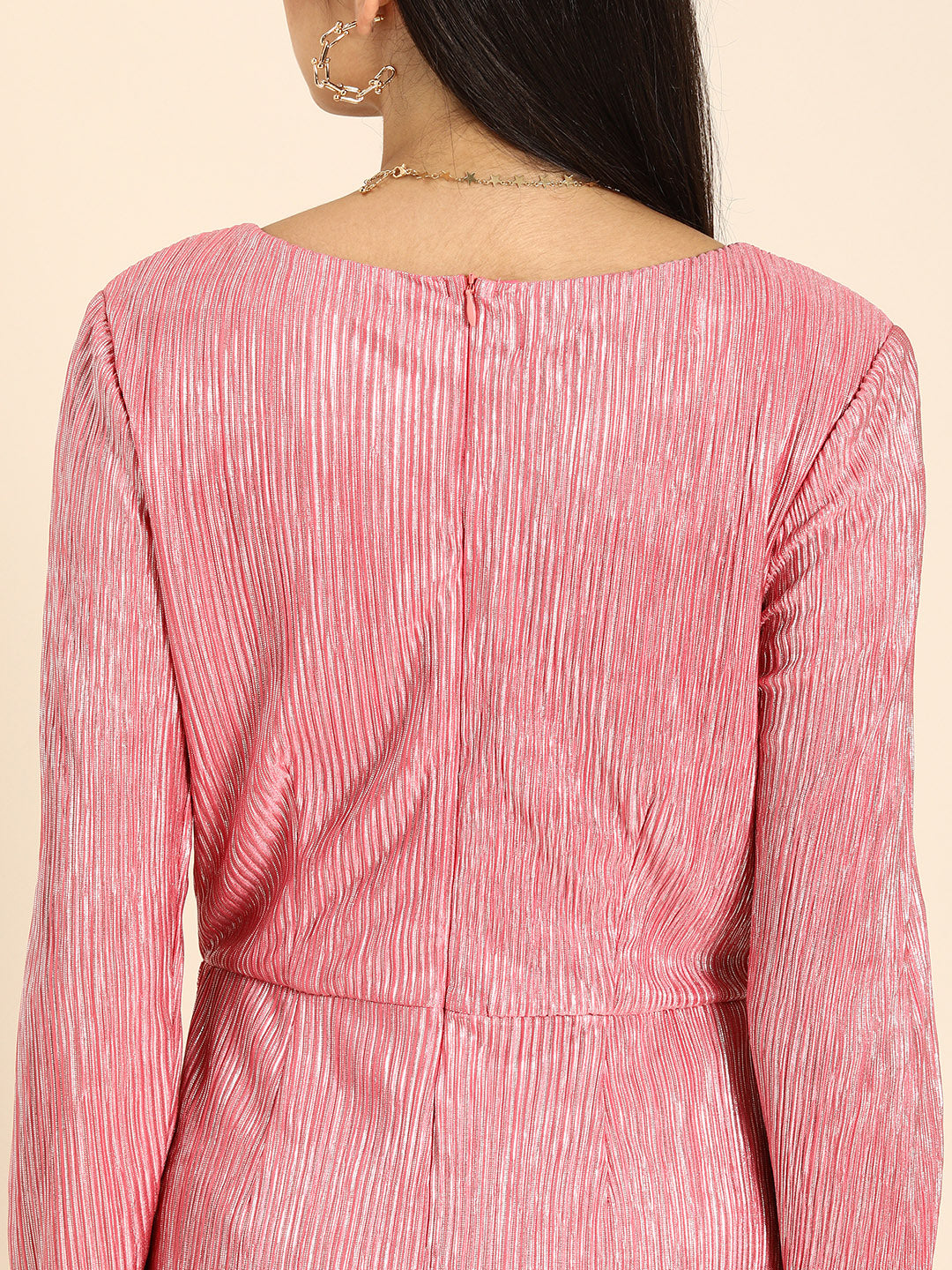 Pink Metallic Pleated Gown with Slit and Draped Detail
