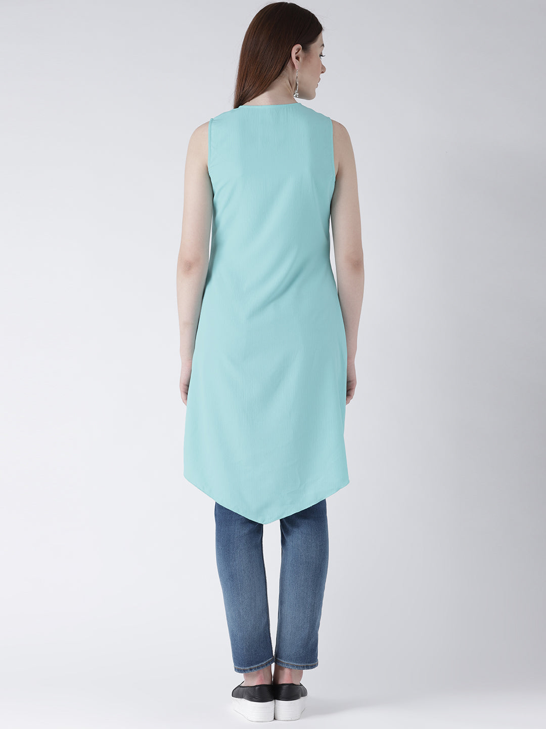Sleeveless Mint Green Front-Slit Kurti for Women – Stylish Asymmetric Hem Kurti
