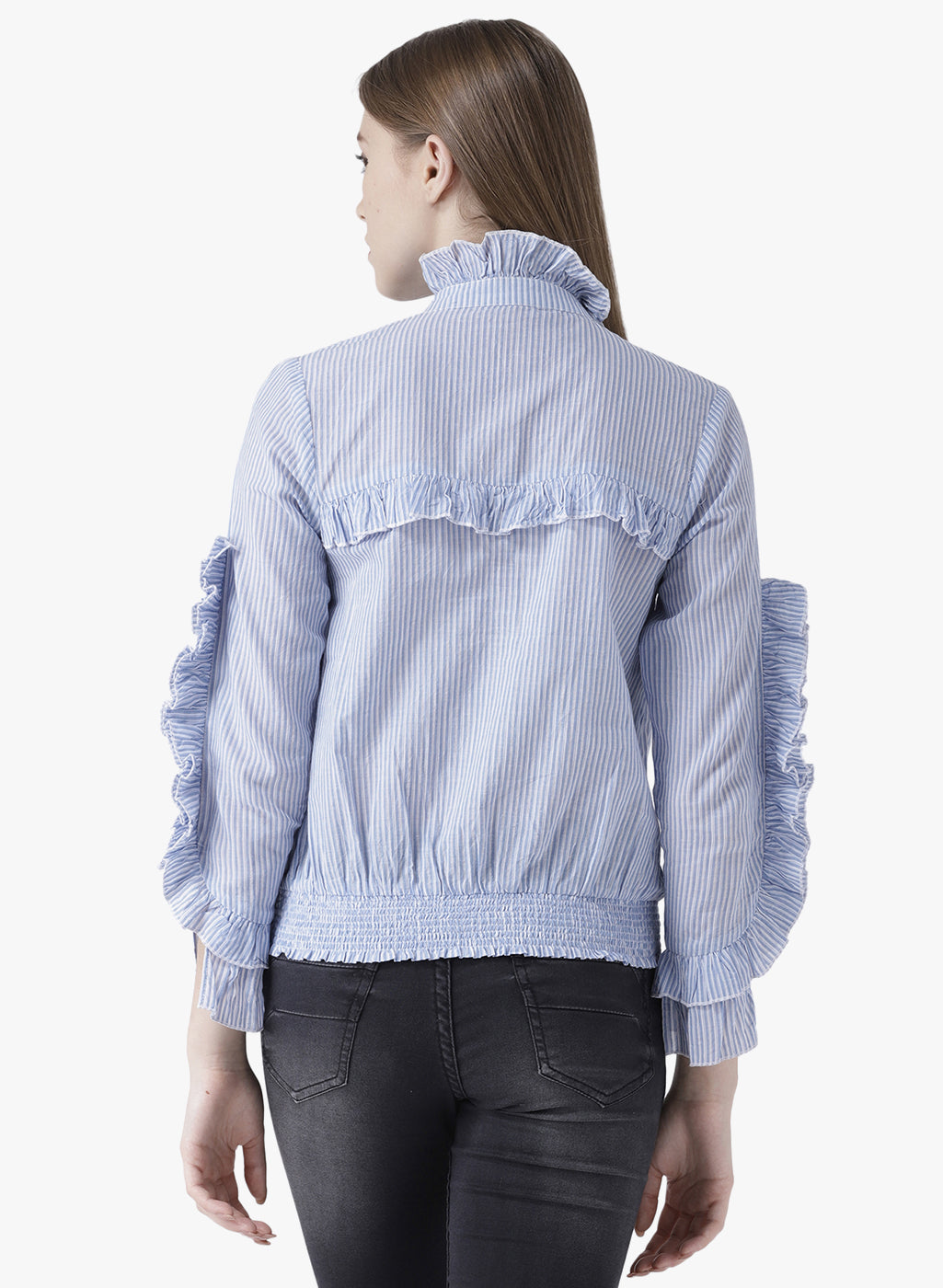 Stylish Blue Striped Ruffle Sleeve Top for Women | High Neck Long Sleeve Blouse