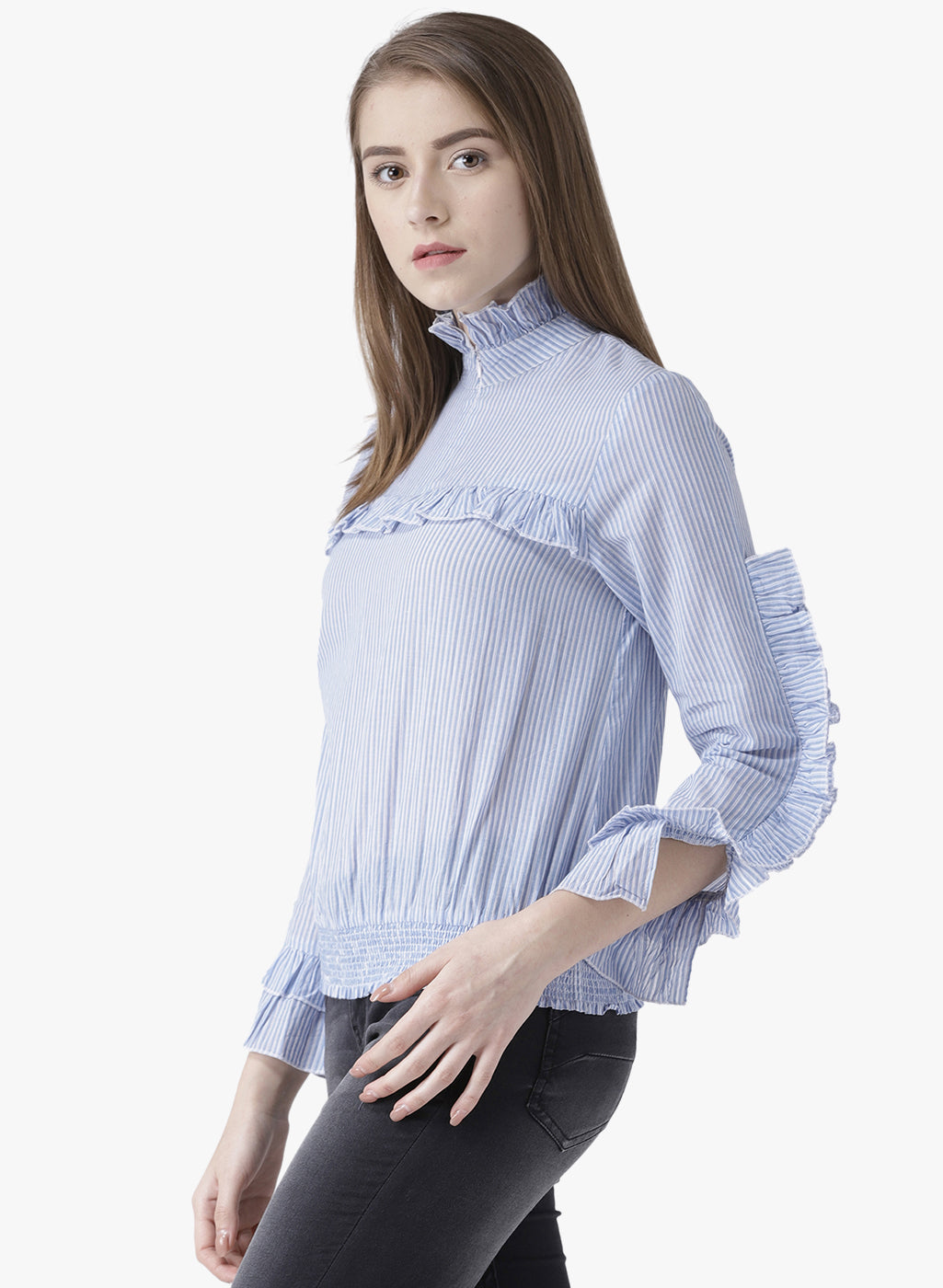 Stylish Blue Striped Ruffle Sleeve Top for Women | High Neck Long Sleeve Blouse