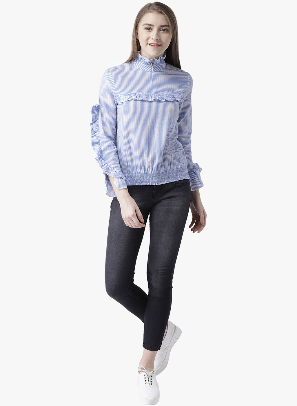 Stylish Blue Striped Ruffle Sleeve Top for Women | High Neck Long Sleeve Blouse