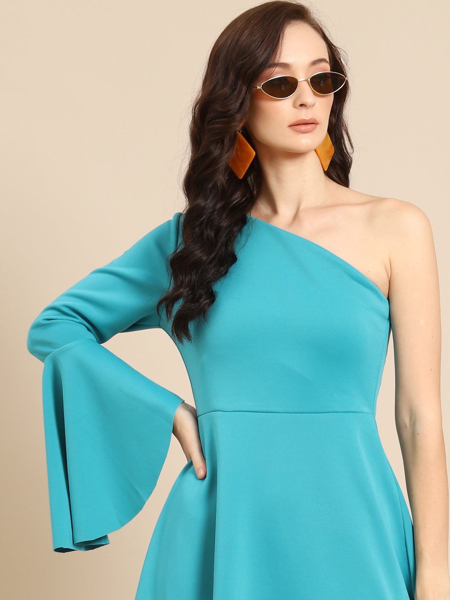 Trendy Teal One Shoulder Flared Sleeve Short Dress for Women