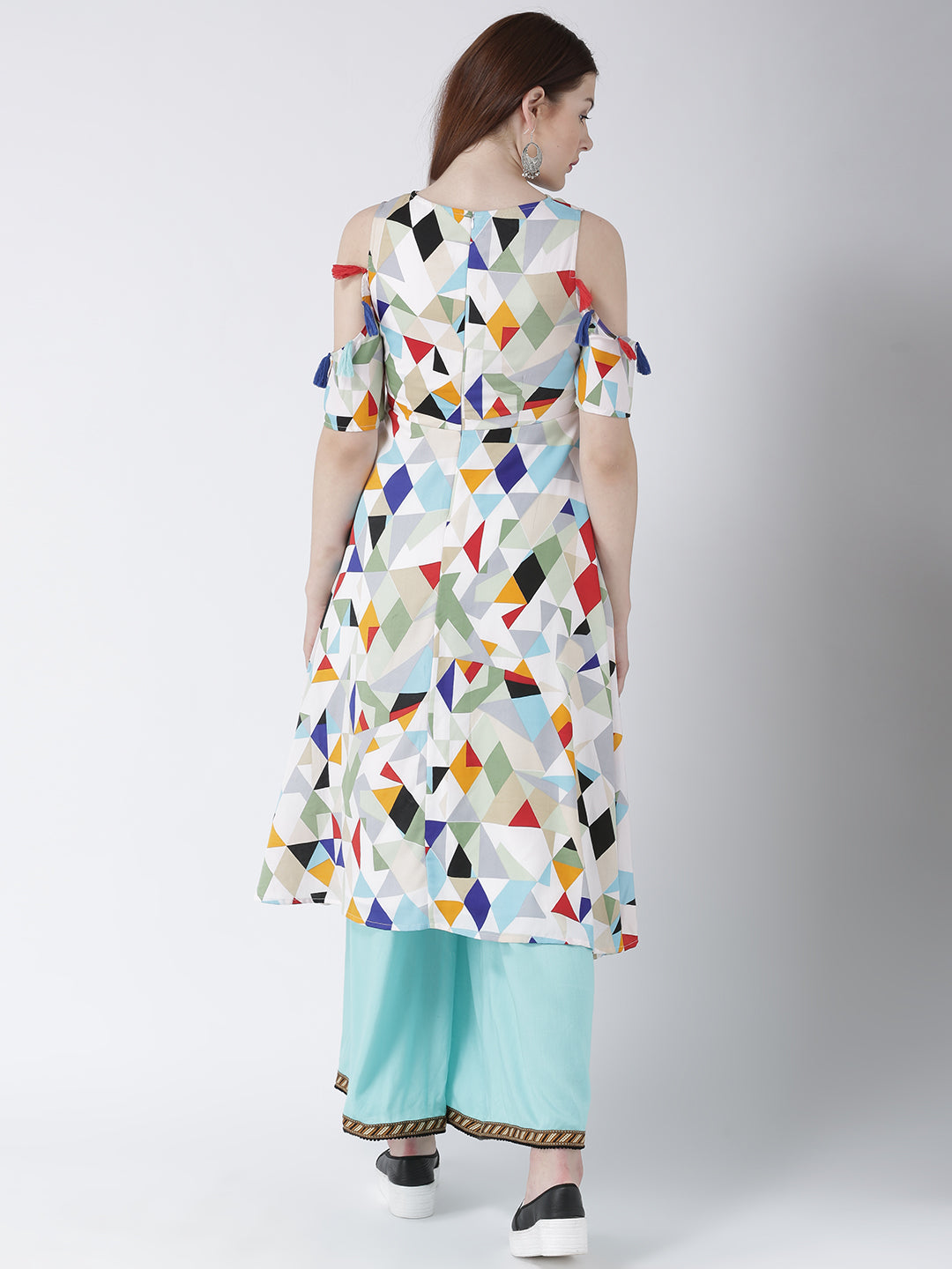 Women's Cold Shoulder Multicolor Geometric Print Kurta with Tassels