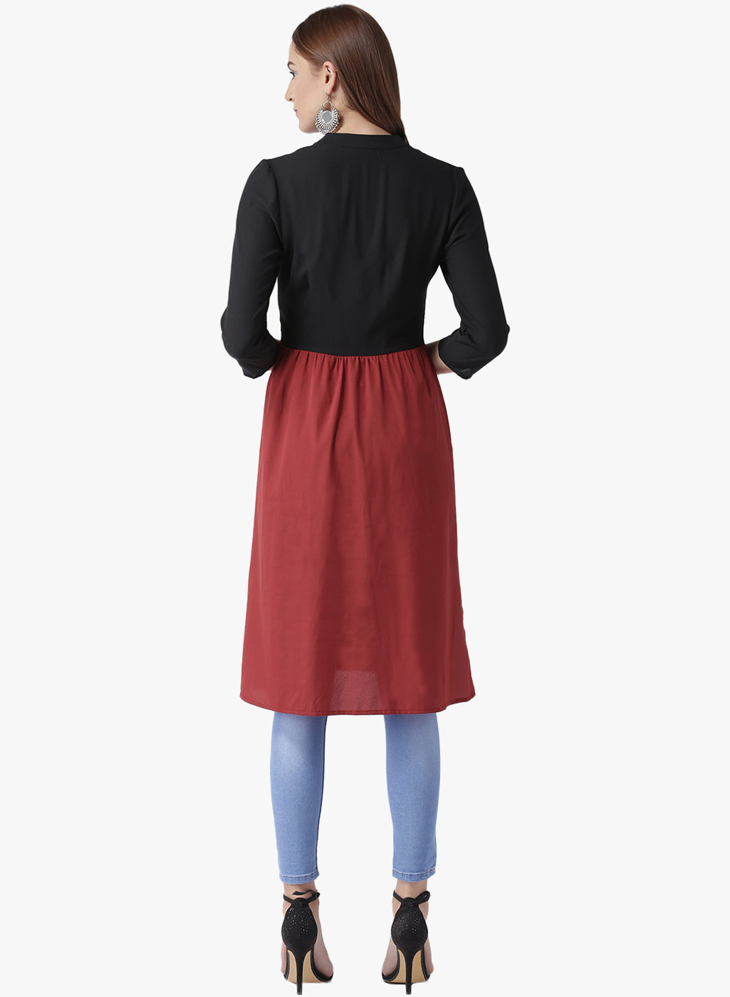 Women's Black and Maroon Front Slit Kurta with Printed Panel and Button Detailing