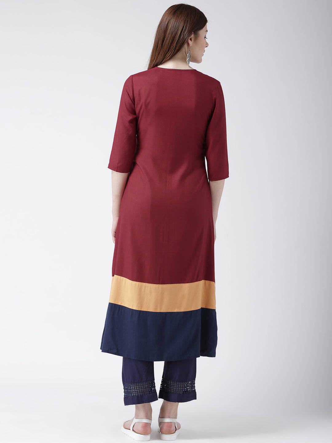 Women's Maroon Colorblock Straight Kurta with Front Button Detailing