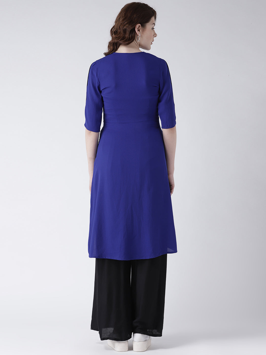 Women's Blue Layered Asymmetric Kurta with Black and White Colorblock Design