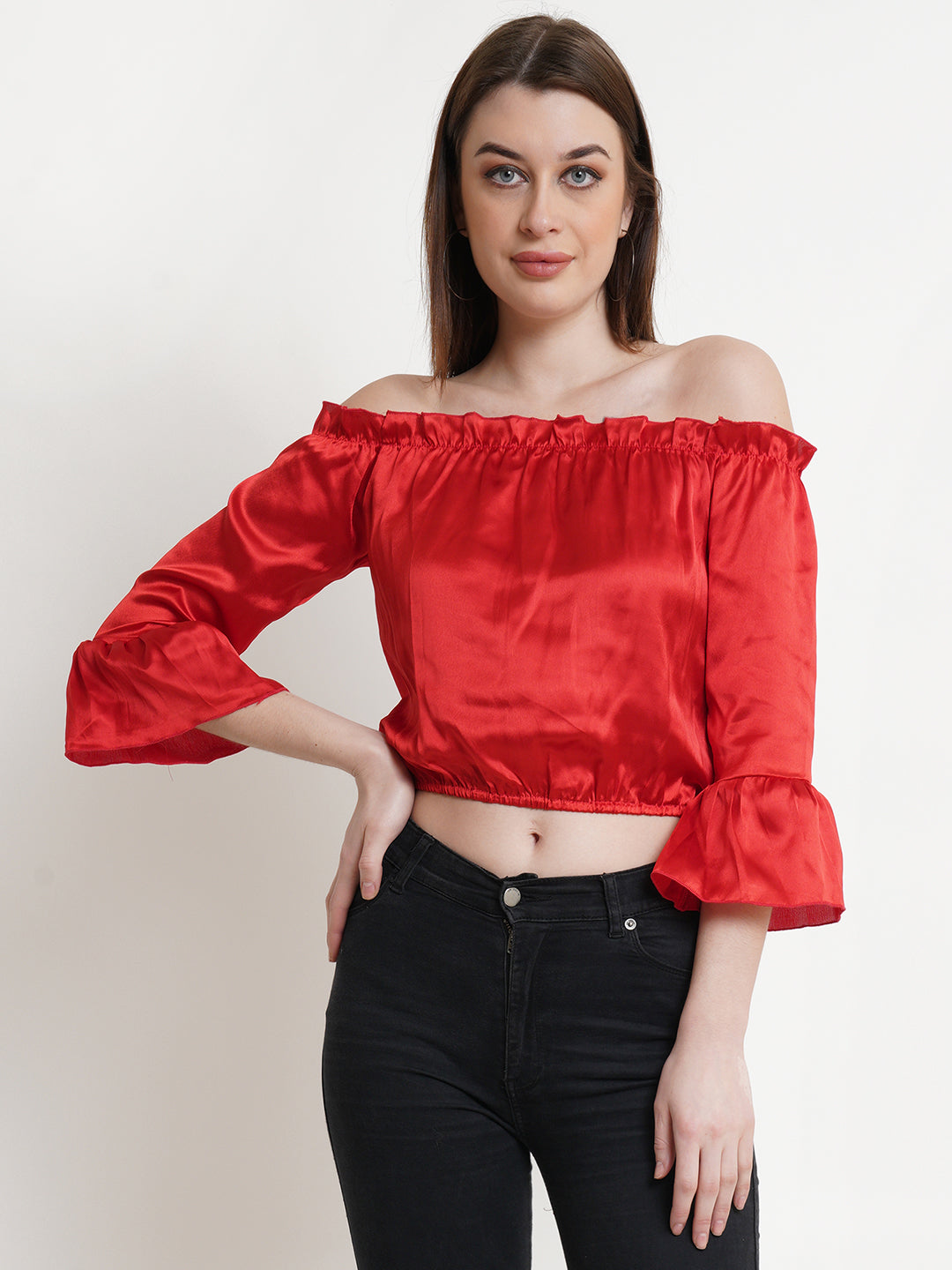 Red Off-Shoulder Satin Crop Top with Flared Sleeves – Party & Casual Wear