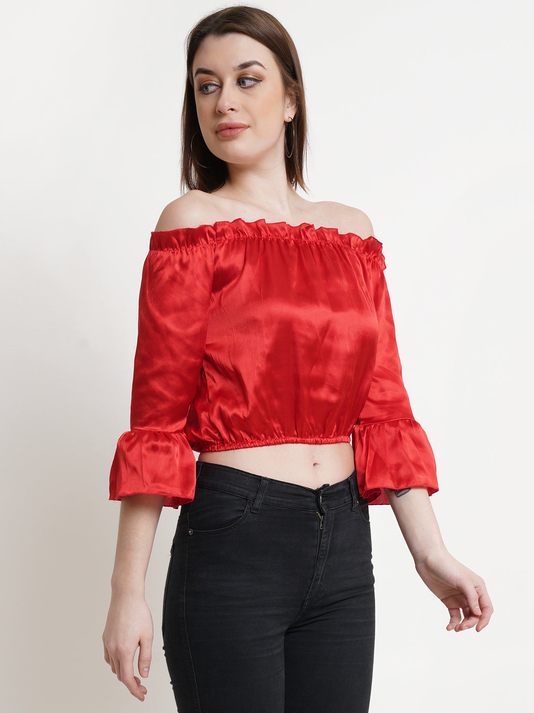 Red Off-Shoulder Satin Crop Top with Flared Sleeves – Party & Casual Wear