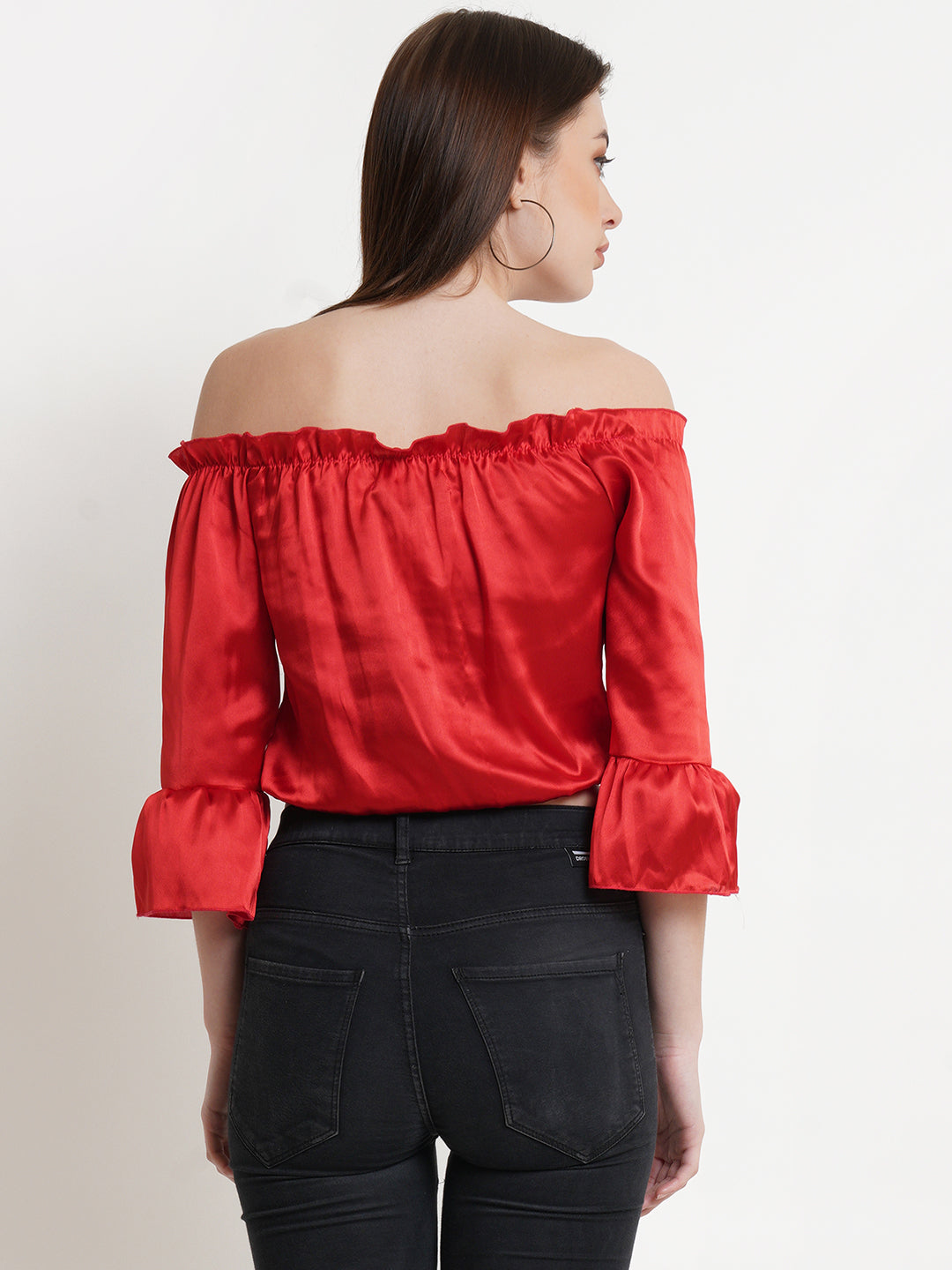 Red Off-Shoulder Satin Crop Top with Flared Sleeves – Party & Casual Wear