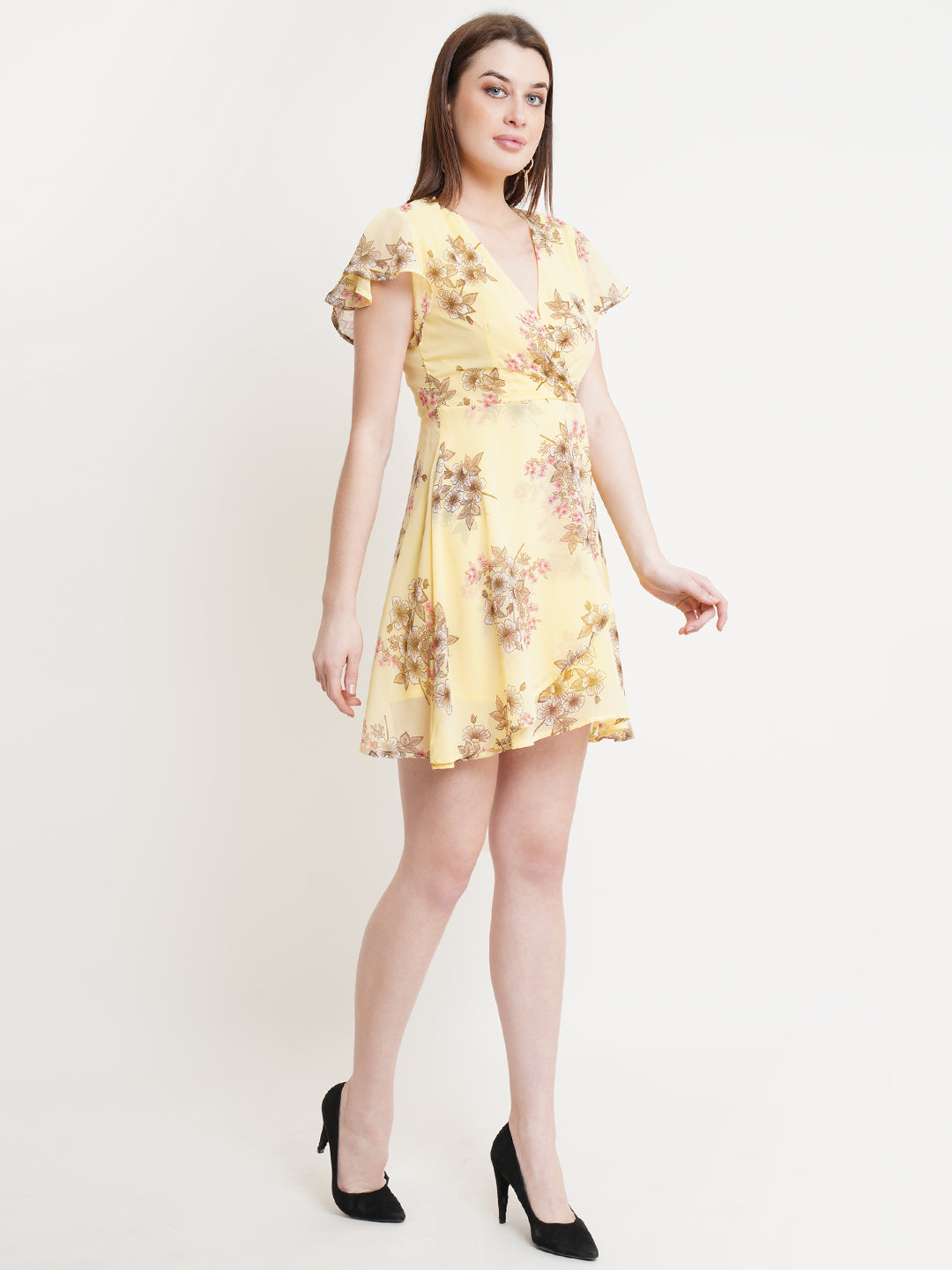 Yellow Floral Wrap Dress for Women | Summer Short Sleeve A-Line Dress