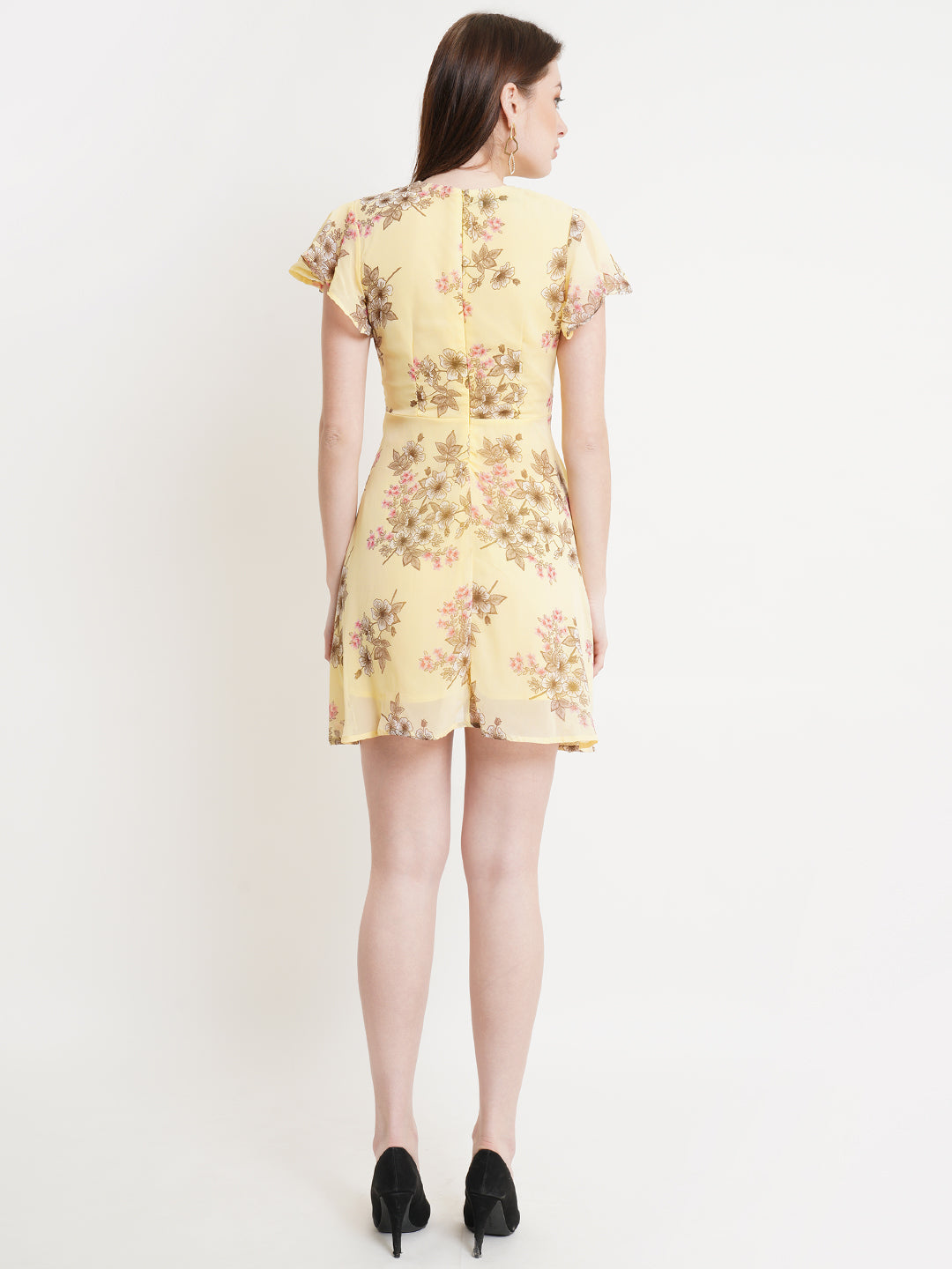 Yellow Floral Wrap Dress for Women | Summer Short Sleeve A-Line Dress