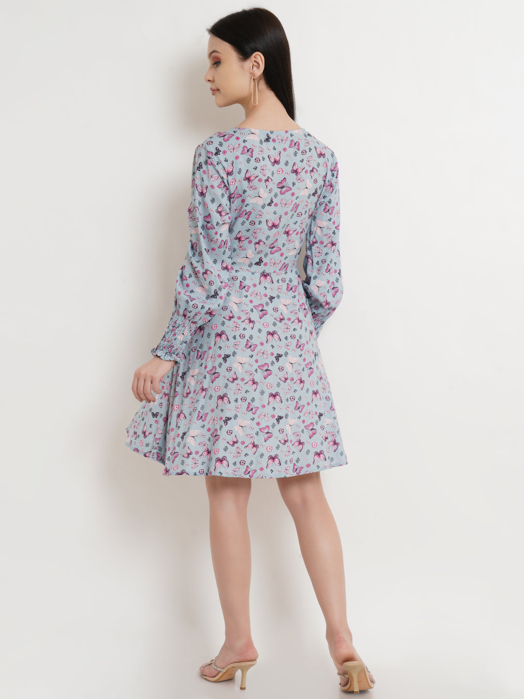 Blue Butterfly Print Twist Front Mini Dress with Long Sleeves
