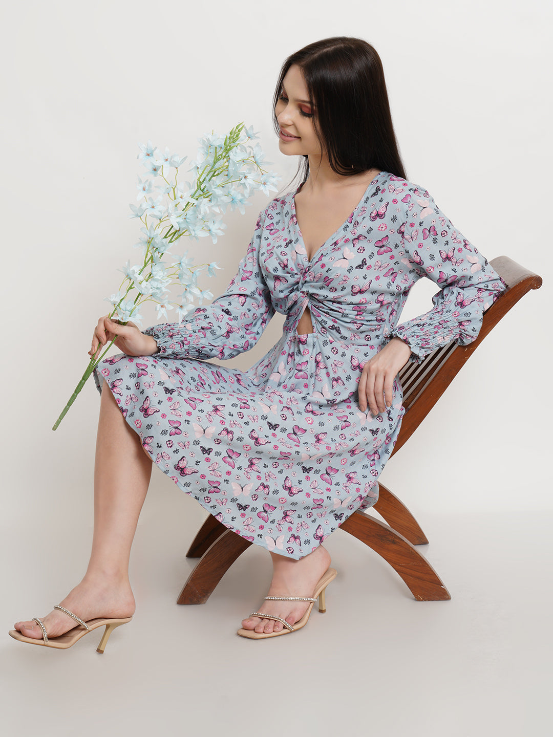 Blue Butterfly Print Twist Front Mini Dress with Long Sleeves