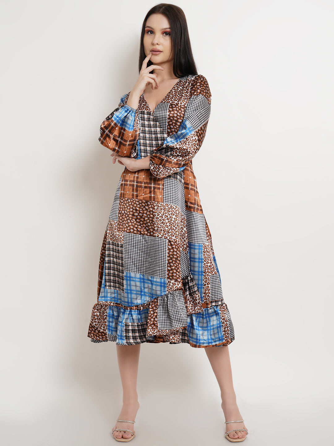 Patchwork Print V-Neck Midi Dress with Balloon Sleeves