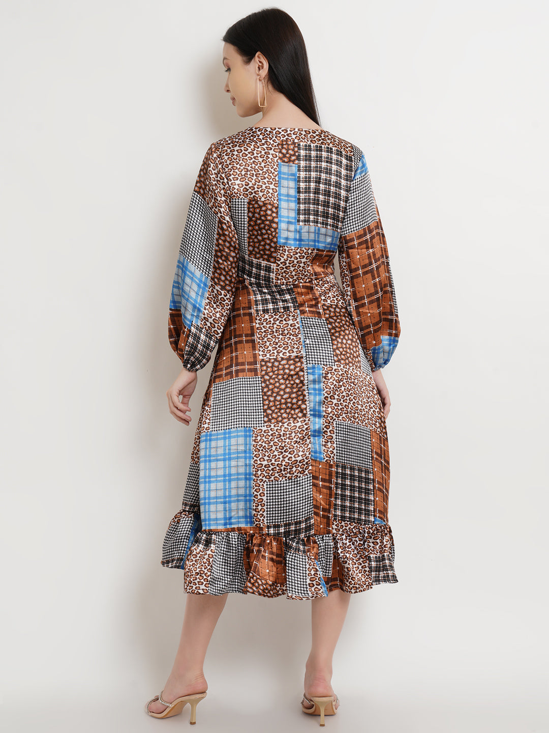 Patchwork Print V-Neck Midi Dress with Balloon Sleeves